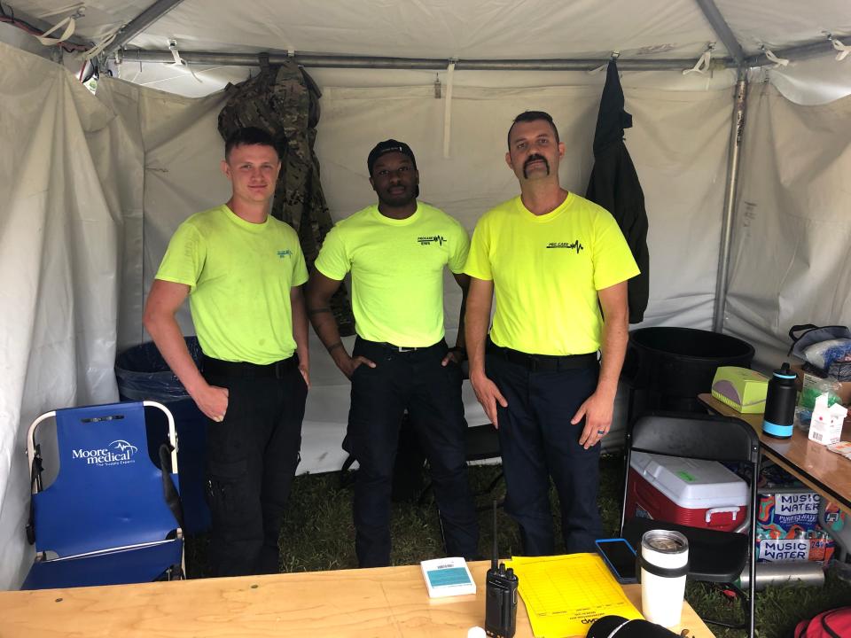 Procare employees, from left, Seth Roy, Terry Smith and Anthony Iacobucci were ready to assist anyone with medical needs at the INKcarceration Music and Tattoo Festival in Mansfield.