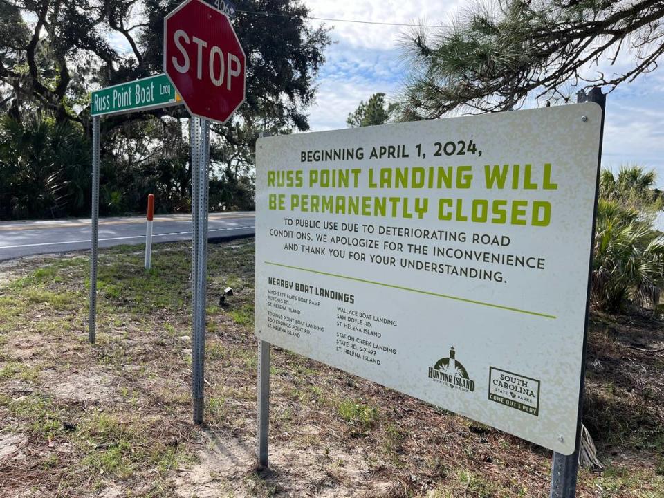 This sign announcing the closure of Russ Point Boat Landing has gone up along Sea Island Parkway near the bridge to Fripp Island.