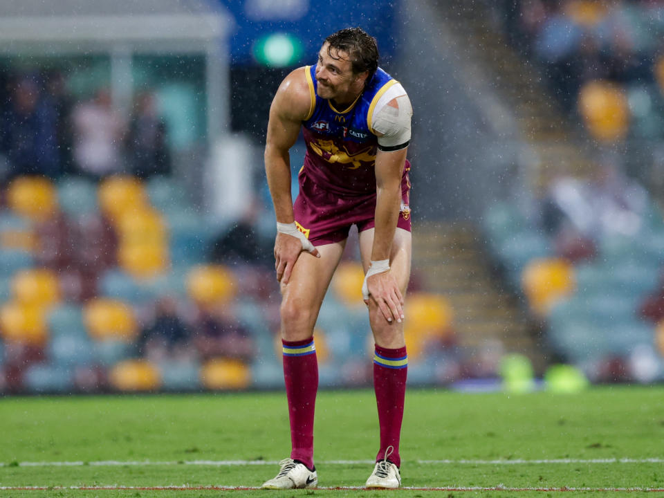 BRISBANE, AUSTRALIA - APRIL 20: Joe Daniher of the Lions reacts during the 2024 AFL Round 06 match between the Brisbane Lions and the Geelong Cats at The Gabba on April 20, 2024 in BRISBANE, Australia. (Photo by Russell Freeman/AFL Photos via Getty Images)