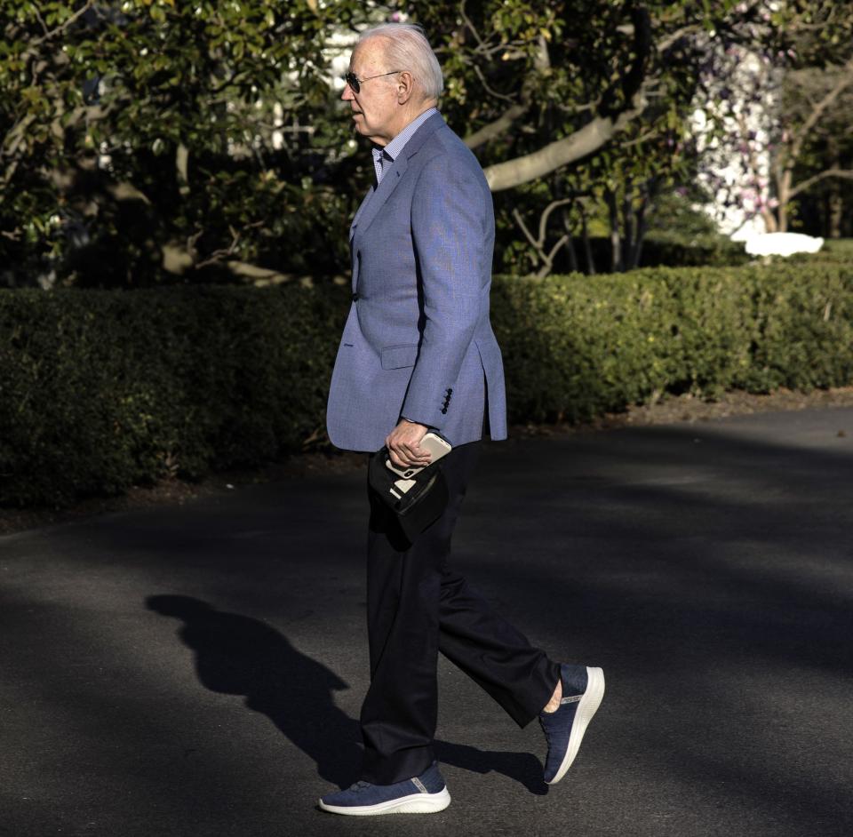 WASHINGTON, DC - MARCH 24: President Joe Biden walks towards the White House after landing on the South Lawn in Marine One on March 24, 2024 in Washington, DC. The President is returning after spending the weekend at his home in Wilmington, Delaware. (Photo by Samuel Corum/Getty Images) *** Local Caption *** Joe Biden