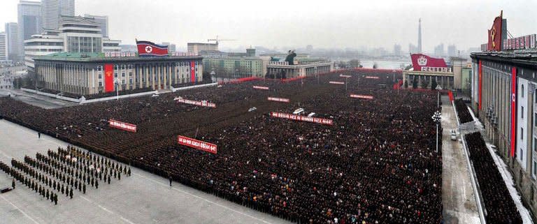 This picture, taken by North Korea's official Korean Central News Agency on February 14, 2013, shows more than 100,000 troops and civilians staging a mass rally in Pyongyang to celebrate North Korea's nuclear test and praise the "matchless" bravery of leader Kim Jong-Un