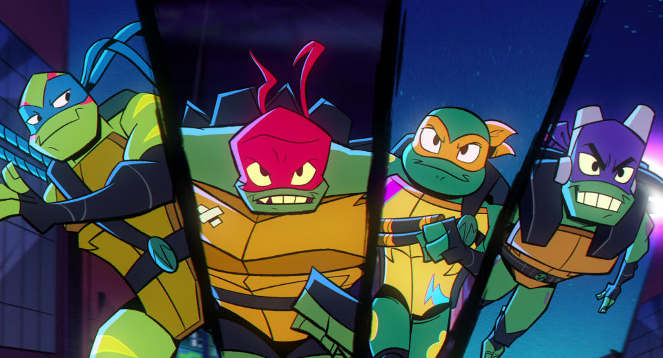 Rise of the Teenage Mutant Ninja Turtles: The Movie - (L-R) Leonardo (voiced by Ben Schwartz), Raphael (voiced by Omar Benson Miller), Michelangelo (voiced by Brandon Mychal Smith), and Donatello (voiced by Josh Brener). (Netflix)