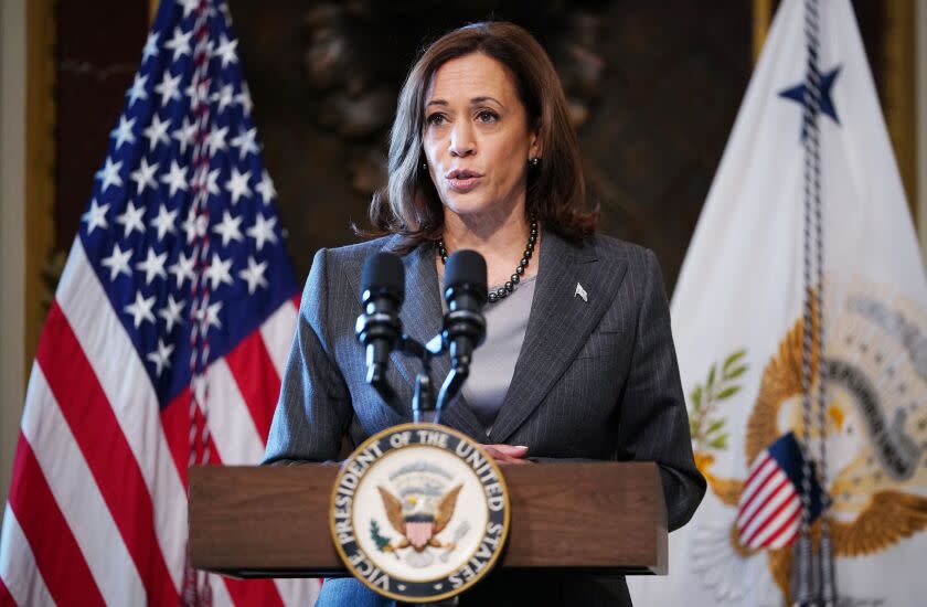US Vice President Kamala Harris speaks during a meeting with US government leaders and private sector representatives to address the root causes of migration from northern Central America, in the Indian Treaty Room of the Eisenhower Executive Office Building, next to the White House, in Washington, DC, on February 6, 2023. (Photo by Mandel NGAN / AFP) (Photo by MANDEL NGAN/AFP via Getty Images)