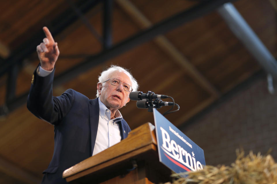 2020 Democratic presidential candidate Sen. Bernie Sanders speaks during a rally, Saturday, March 9, 2019, at the Iowa state fairgrounds in Des Moines, Iowa. (AP Photo/Matthew Putney)