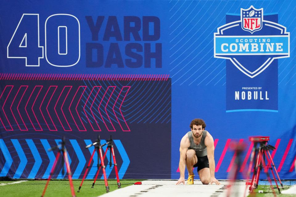 North Carolina State linebacker Payton Wilson prepares to run the 40-yard dash.