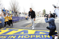 Grand Marshal and former New England Patriots NFL football player Rob Gronkowski poses at the start of the Boston Marathon, Monday, April 15, 2024, in Hopkinton, Mass. (AP Photo/Mary Schwalm)