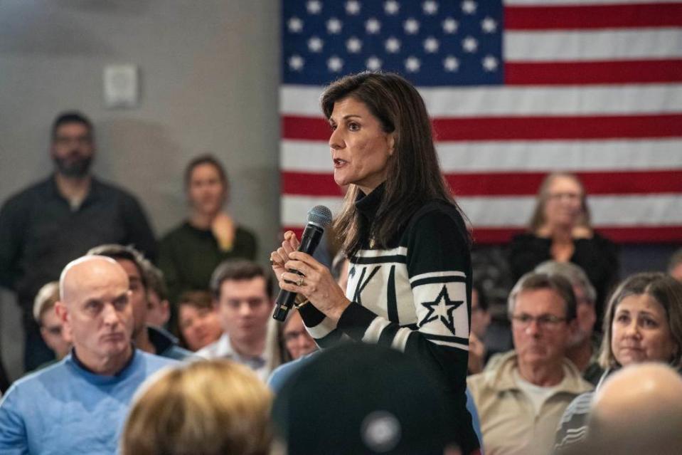 Former U.N. ambassador and 2024 presidential hopeful Nikki Haley speaks at a campaign town hall event at Hilton Garden Inn on Dec. 28, 2023, in Lebanon, New Hampshire. (Photo by Joseph Prezioso/AFP via Getty Images)