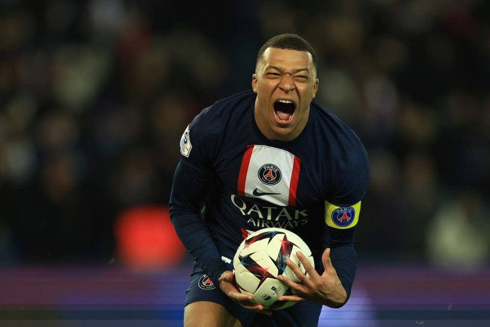 Kylian Mbappe celebrates his landmark goal (Aurelien Morissard/AP) (AP)