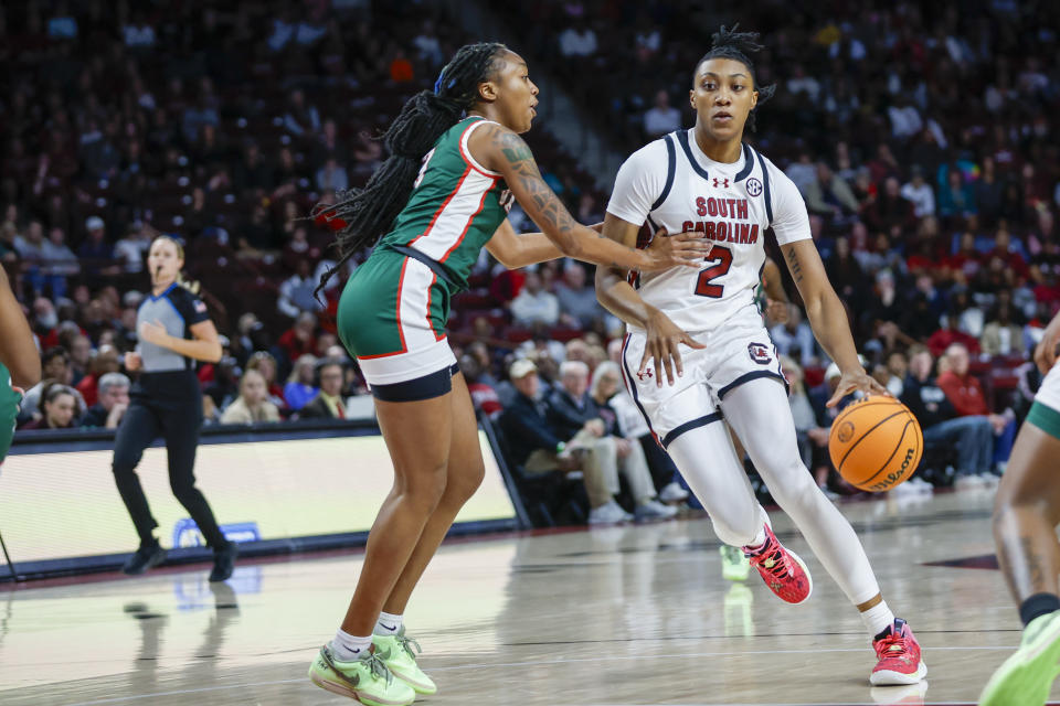 South Carolina forward Ashlyn Watkins (2) drives to the basket against Mississippi Valley State forward Lizzie Walker during the first half of an NCAA college basketball game in Columbia, S.C., Friday, Nov. 24, 2023. (AP Photo/Nell Redmond)