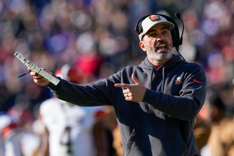 Browns head coach Kevin Stefanski yells during the first half against the Ravens, Sunday, Nov. 12, 2023, in Baltimore.