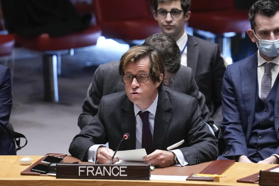 French Ambassador to the United Nations Nicolas de Riviere speaks during a meeting of the Security Council at U.N. headquarters, Monday, Nov. 21, 2022. The meeting was called to discuss recent North Korean missile launches. North Korean leader Kim Jong Un says the test of a newly developed intercontinental ballistic missile confirmed that he has another "reliable and maximum-capacity" weapon to contain any outside threats. (AP Photo/Seth Wenig)