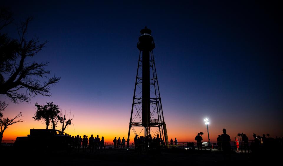 A relighting ceremony of the Sanibel Lighthouse was held on Tuesday, Feb.28, 2023 morning. Members of the community showed up for the 6 a.m. event. The light was turned on a few minutes after six. The lighthouse has been dark since Hurricane Ian slammed into Southwest Florida. One of the legs was washed away and the cottages were destroyed in the storm. The leg is being repaired.
