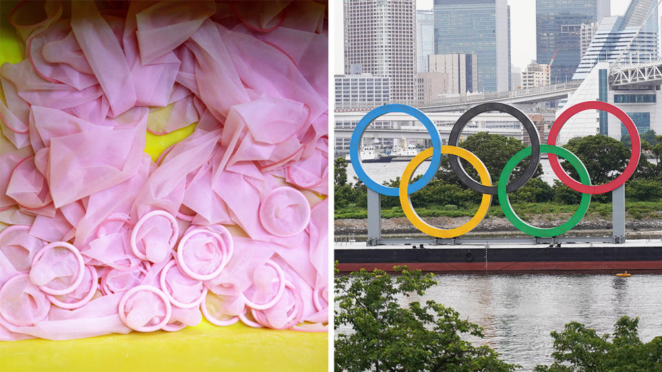 Japanese condom maker Sagami Rubber Industries (pictured left) and the Olympic rings (pictured right) in Japan.