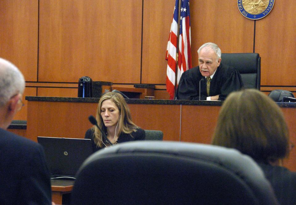 Montana District Judge Richard Simonton addresses the prosecution during a competency hearing for murder suspect Michael Keith Spell Tuesday, March 25, 2014, in Sidney, Mont. Simonton will have to sort out competing claims about Spell's fitness for trial. (AP Photo/Matthew Brown)