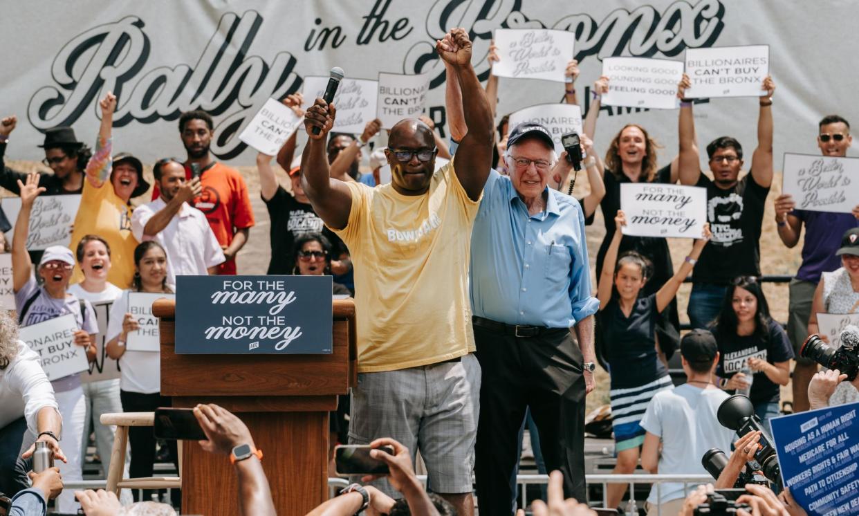 <span>Jamaal Bowman and Bernie Sanders rally in the Bronx, New York City, on 22 June 2024.</span><span>Photograph: Olga Federova/EPA</span>