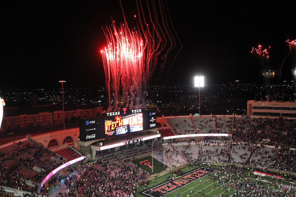 Nov. 26, 2022; Lubbock, Texas; The Texas Tech Red Raiders celebrate with fireworks after an overtime victory over the Oklahoma Sooners at Jones AT&T Stadium and Cody Campbell Field. Michael C. Johnson-USA TODAY Sports