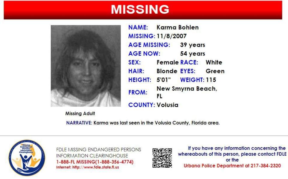 Karma Bohlen was last seen in Volusia County on Nov. 8, 2007.