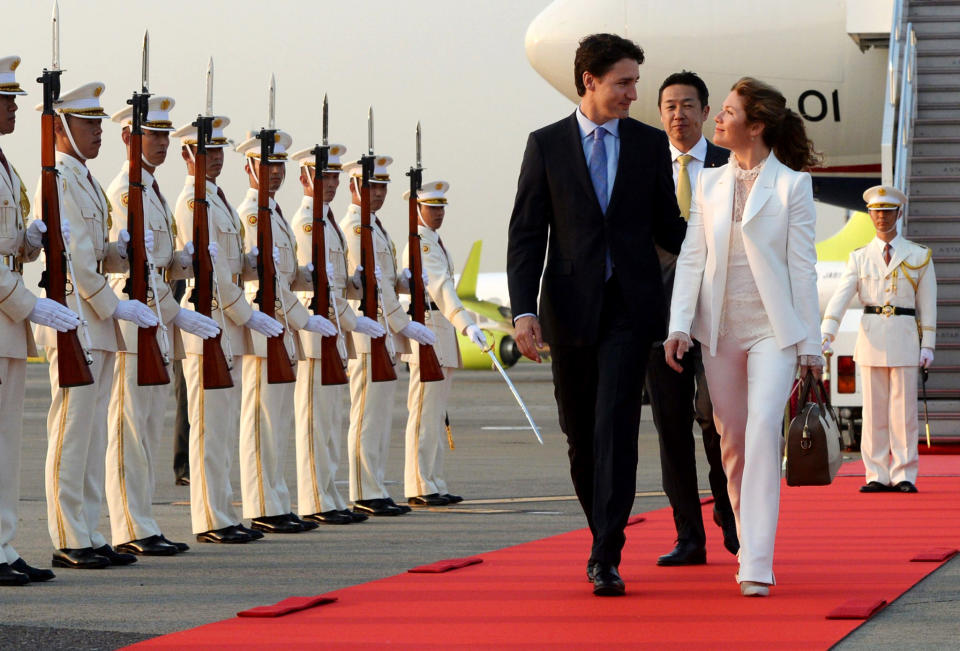 <p>Greeted by an honor guard as they arrive in Tokyo, Japan</p>