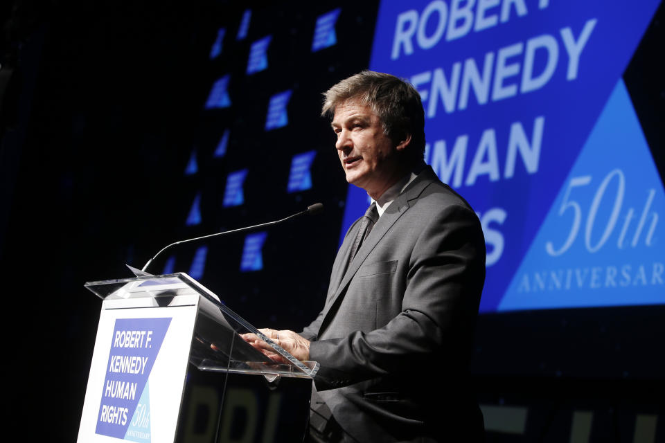 Actor Alec Baldwin speaks during the Robert F. Kennedy Human Rights Ripple of Hope Awards ceremony, Wednesday, Dec. 12, 2018, in New York. (AP Photo/Jason DeCrow)