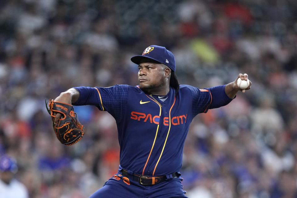 Houston Astros starting pitcher Framber Valdez throws against the Chicago Cubs during the first inning of a baseball game Monday, May 15, 2023, in Houston. (AP Photo/David J. Phillip)