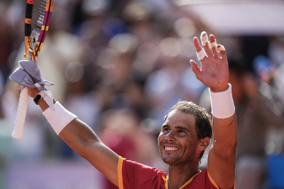 FILE - Rafael Nadal of Spain celebrates his victory over Marton Fucsovics of Hungary during the men's singles tennis competition, at the 2024 Summer Olympics, Sunday, July 28, 2024, in Paris, France, as he has announced he will retire from tennis at age 38 following the Davis Cup finals in November. (AP Photo/Manu Fernandez, File)