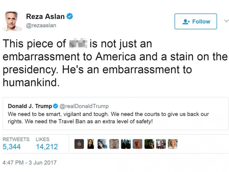 Reza Aslan's tweet calling Donald Trump a 'piece of s**t', which he has since deleted (Twitter)