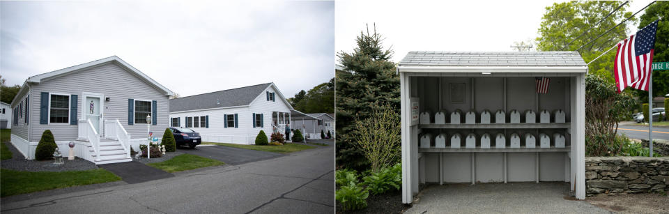 Left: A view of homes in the Colonial Estates community in Taunton. Right:&nbsp;Mailboxes in the Colonial Estates community. (Photo: Kayana Szymczak for HuffPost)