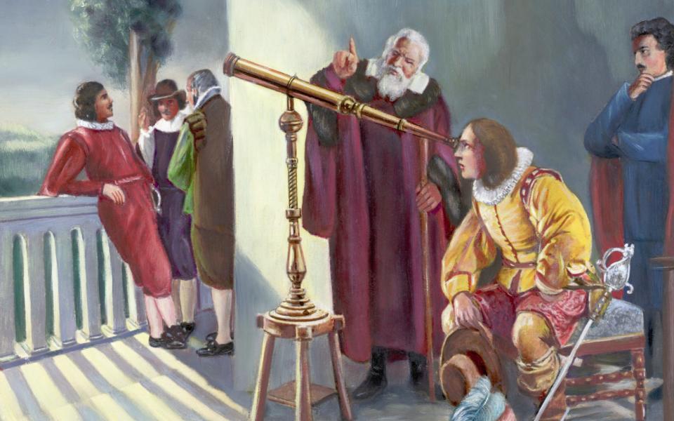 Milton in the observatory of Galileo looking through a telescope - Bettmann