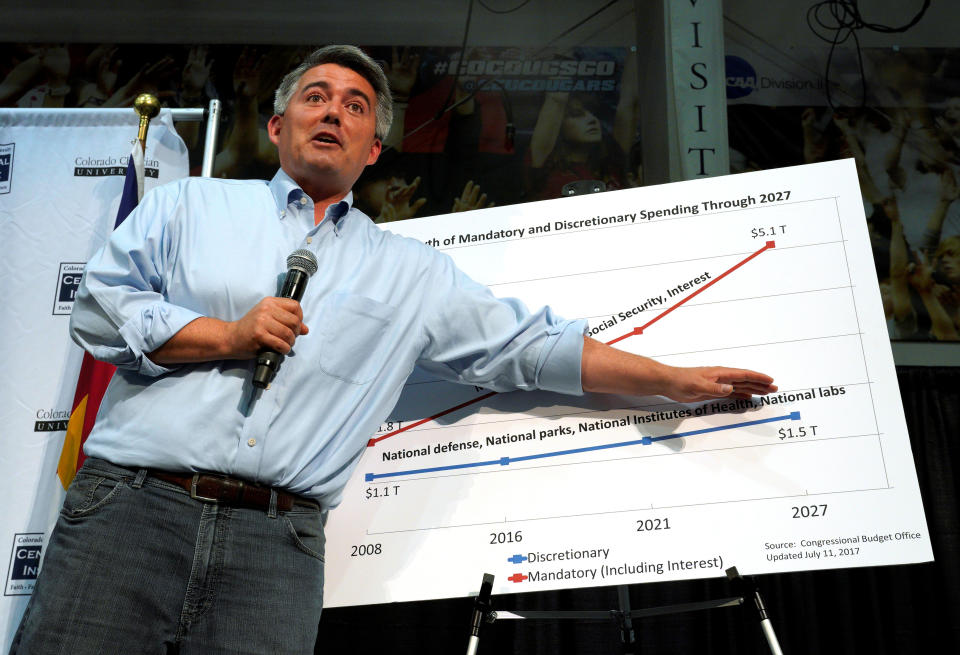 Senator Cory Gardner, R-Colo., points to a chart at a town hall meeting in Lakewood, Colo., Aug. 15, 2017. (Photo: Rick Wilking/Reuters)