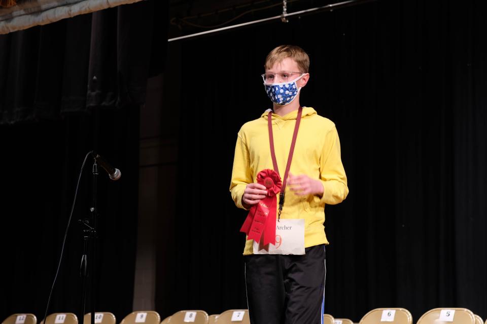 Potter County Spelling Bee Runner-up Finn Archer of De Zavala Middle School shows off his second place ribbon for his hard work Thursday.