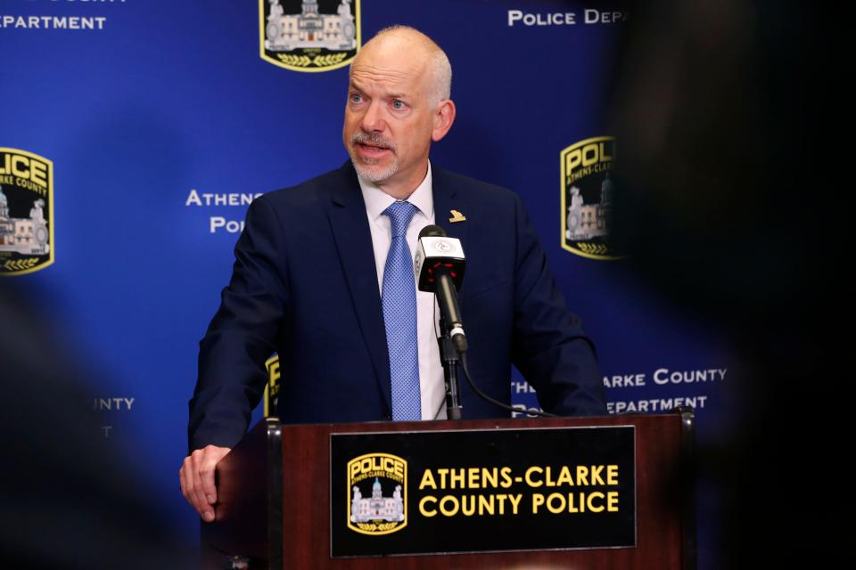 Athens-Clarke County Mayor Kelly Girtz spoke to the media alongside police Chief Jerry Saulters on community safety initiatives and ACC’s status related to immigration on Wednesday, Feb. 28, 2024.