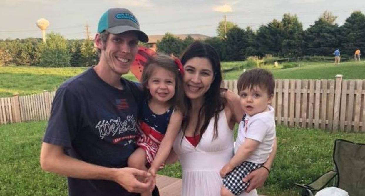 Maritza Cibuls, 32, from Illinois, spent a sleepless night convinced there was a ghost in her baby's cot with him before realising the next day her husband Corey (also pictured) had forgotten to put a mattress protector on the bed, meaning a sticker with a baby's face was showing through. Her Facebook post about the incident went viral.