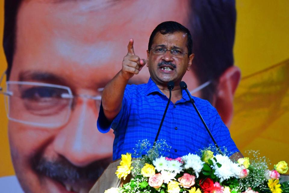 File. Delhi's chief minister Arvind Kejriwal speaks during a public rally in Guwahati on 2 April 2023. Indian authorities arrested prominent opposition politician and Delhi chief minister Arvind Kejriwal on 21 March 2024 (AFP via Getty Images)