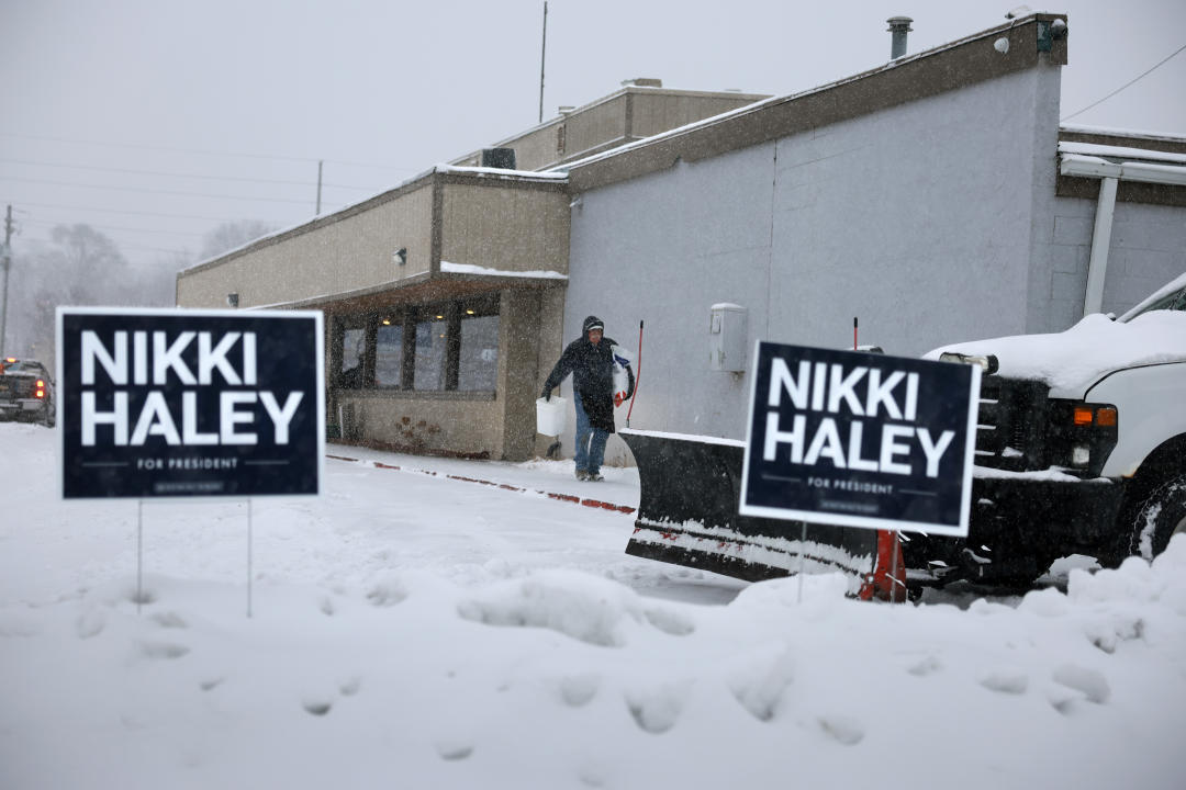 A snowplow sits outside the restaurant where Nikki Haley was scheduled to hold a campaign event.