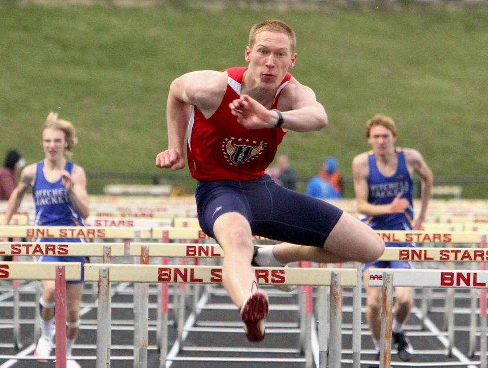 Bedford North Lawrence's Noah Carter is shown on his way to winning the 110 hurdles during a meet earlier this season. He advanced to next week's Bloomington North Regional by placing second in the 110 hurdles at the BNL Sectional Thursday.