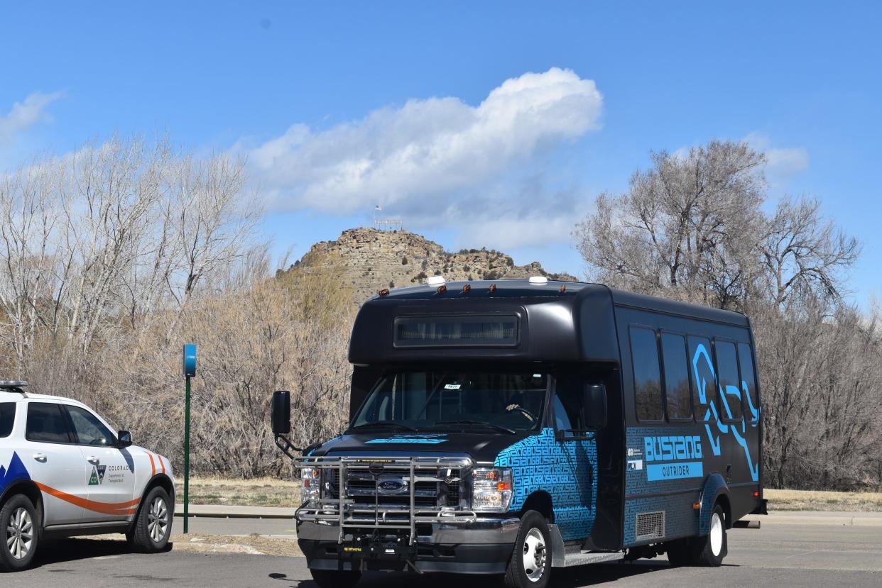 A Bustang Outrider bus in Trinidad, Colorado on March 22, 2023.