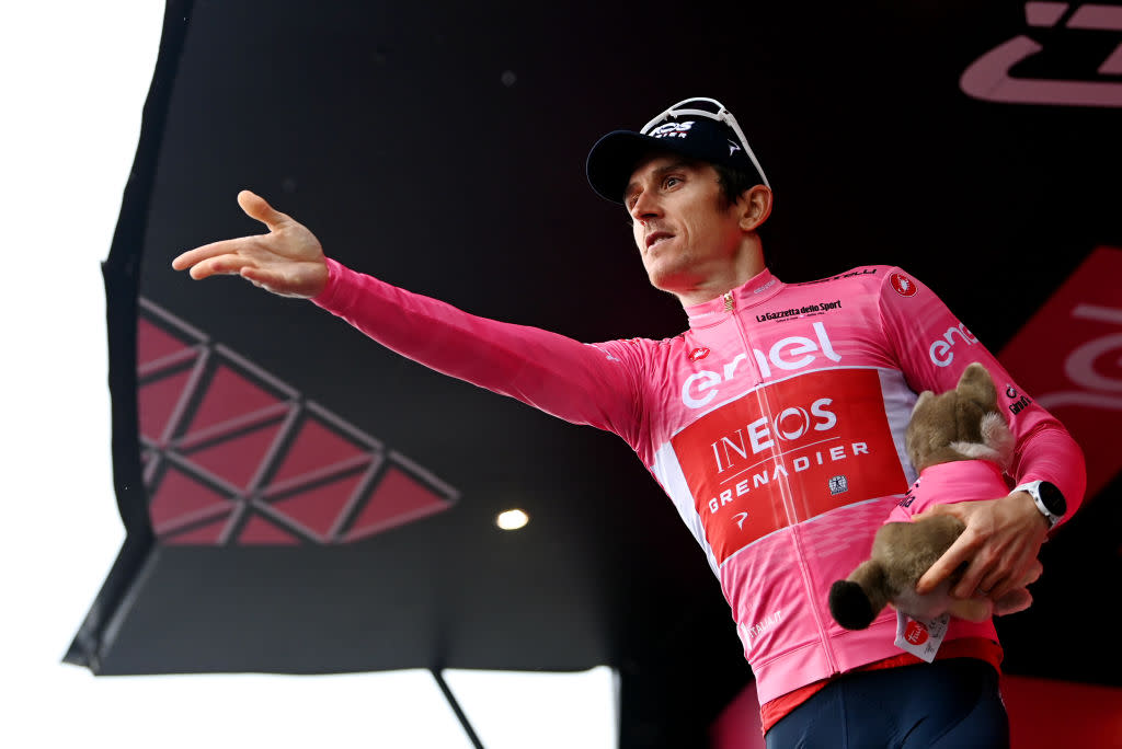  Geraint Thomas of The United Kingdom and Team INEOS Grenadiers celebrates at podium as Pink Leader Jersey winner during the 106th Giro dItalia  