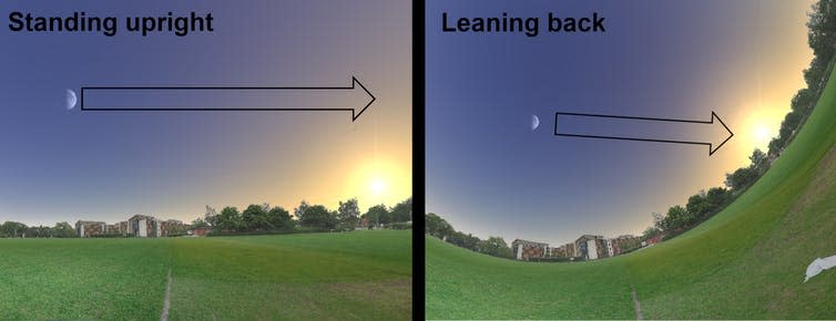 <span class="caption">The (enlarged) half moon in Nottingham, in April 2020. On the right the observer is forcefully leaning back to ensure they directly face the Moon with the Sun to their exact right.</span> <span class="attribution"><span class="source">Daniel Brown</span></span>