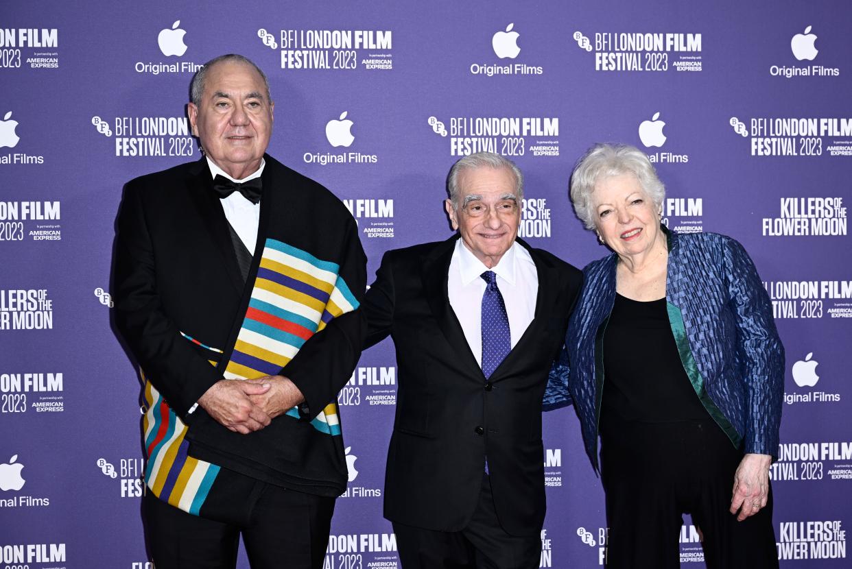 Osage Nation Chief Geoffrey Standing Bear, Martin Scorsese and Thelma Schoonmaker attend the Oct. 7 "Killers Of The Flower Moon" Headline Gala premiere during the 67th BFI London Film Festival at The Royal Festival Hall in London, England.