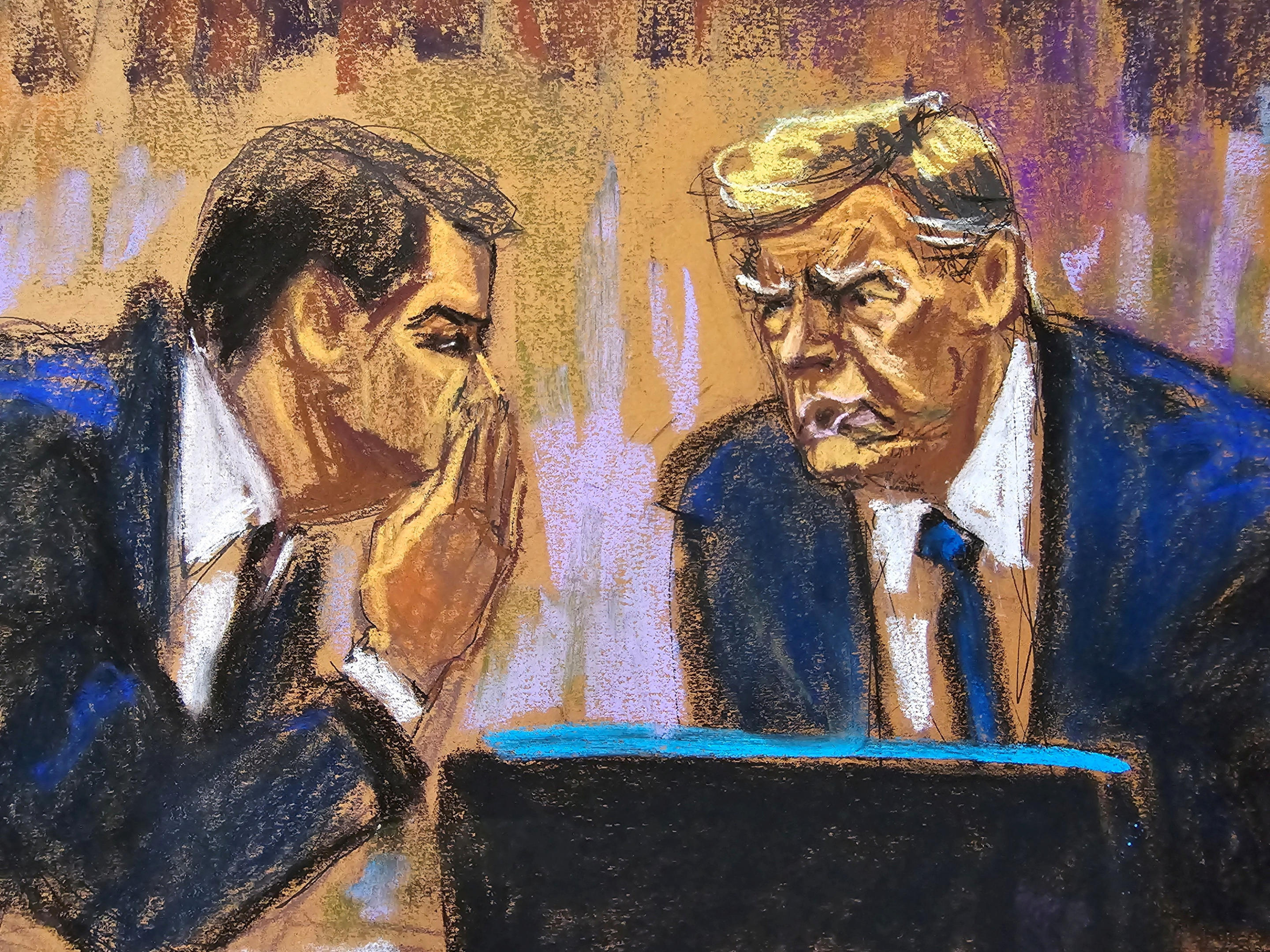 Former President Donald Trump listens to his lawyer Todd Blanche during jury selection.