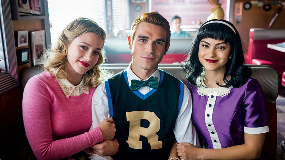 Lili Reinhart, KJ Apa and Camila Mendes in ‘Riverdale.’ - Credit: Kailey Schwerman/The CW