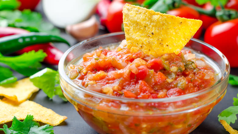 Salsa and chip in bowl