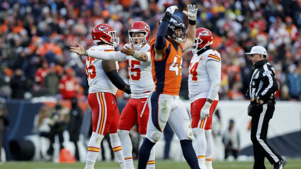 Mahomes reacts as Denver Broncos linebacker Alex Singleton gestures in the fourth quarter. - Isaiah J. Downing/USA TODAY Sports/Reuters