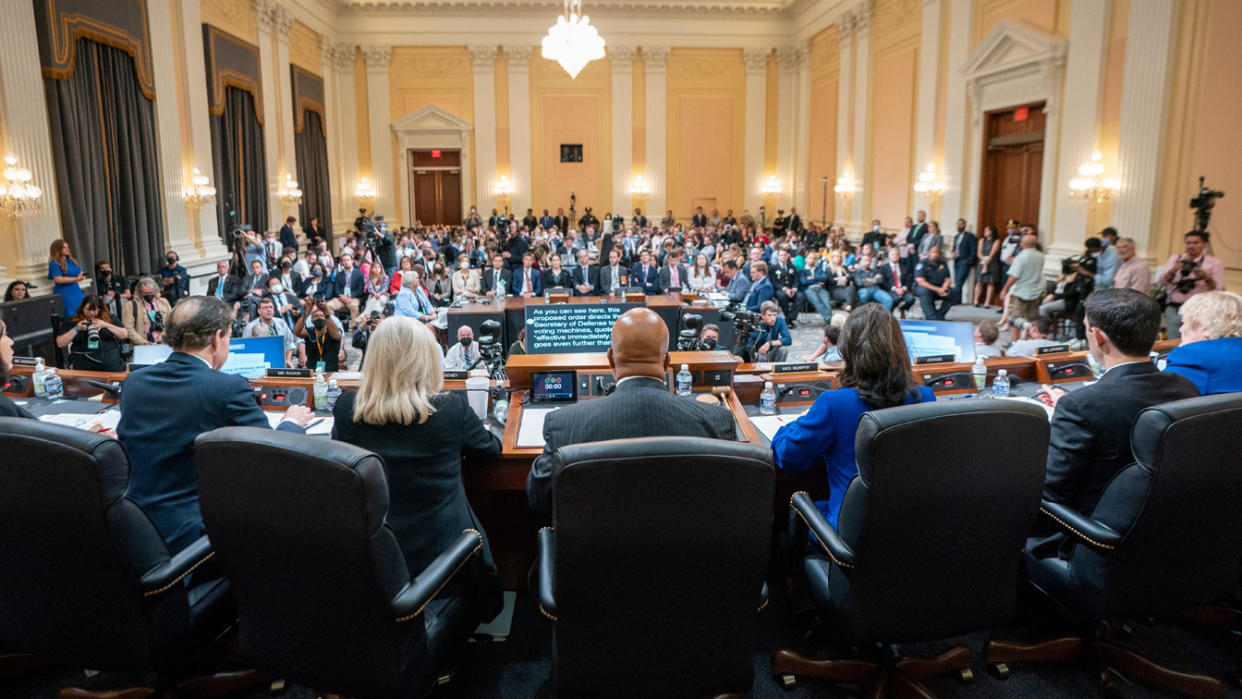 A view of Tuesday’s Jan. 6 committee hearing, as seen from behind the seated panel members.