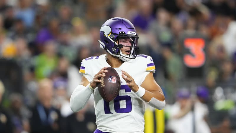 Minnesota Vikings quarterback Jaren Hall (16) passes during the second half of an NFL preseason football game against the Seattle Seahawks in Seattle, on Thursday, Aug. 10, 2023.