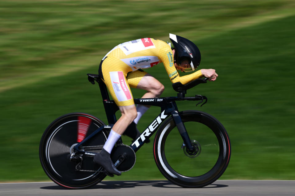 ABTWILL SWITZERLAND  JUNE 18 Mattias Skjelmose Jensen of Denmark and Team TrekSegafredo  Yellow Leader Jersey sprints during the 86th Tour de Suisse 2023 Stage 8 a 257km individual time trial from St Gallen to Abtwil  UCIWT  on June 18 2023 in Abtwil Switzerland Photo by Dario BelingheriGetty Images