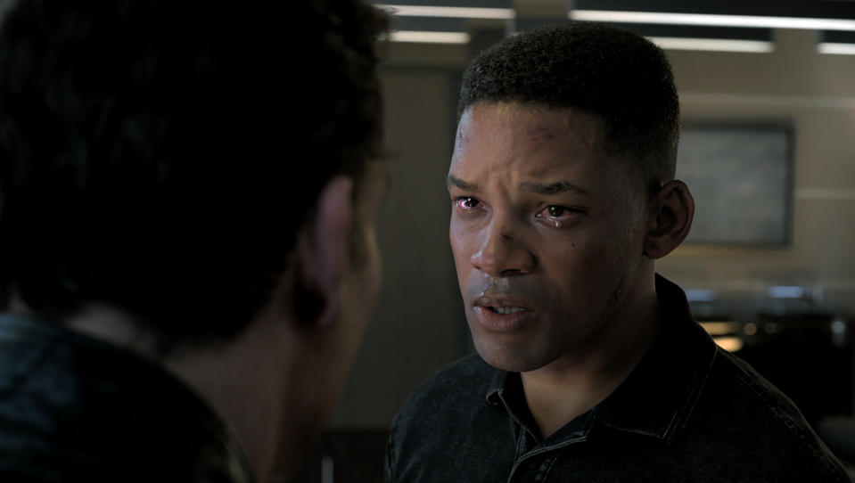 This image released by Paramount Pictures shows Clive Owen, left, and Will Smith, portraying Junior, in the Ang Lee film "Gemini Man." (Paramount Pictures via AP)