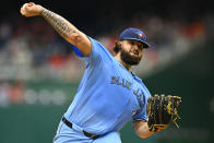 Toronto Blue Jays staring pitcher Alex Monoah throws during the first inning of a baseball game against the Washington Nationals, Sunday, May 5, 2024, in Washington. (AP Photo/John McDonnell)
