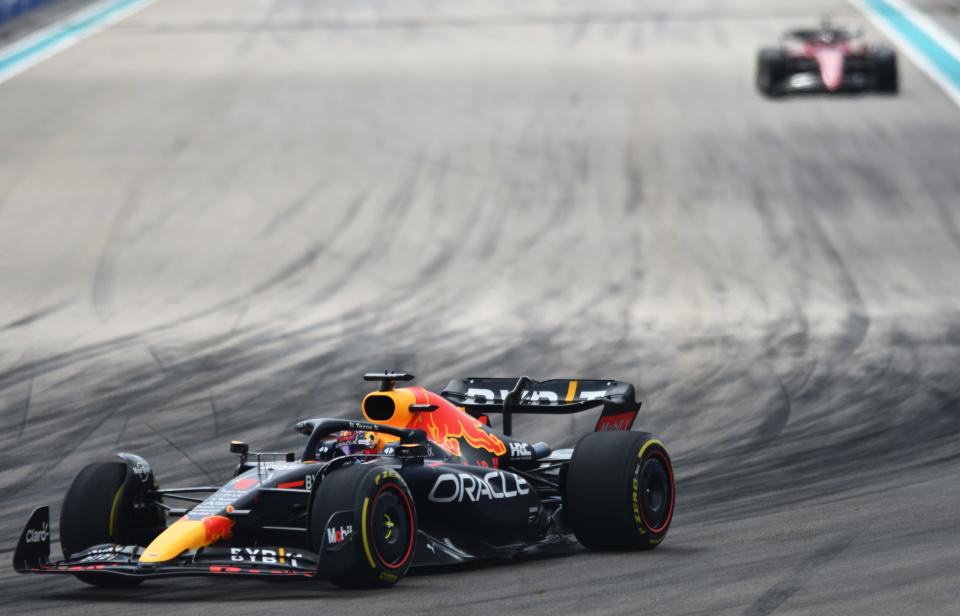 Max Verstappen of Red Bull Racing, left, leads Charles Leclerc of Ferrari Sunday during the Formula 1 Crypto.com Miami Grand Prix in Miami Gardens.