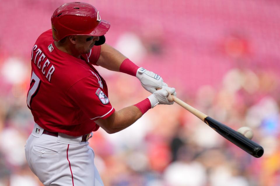 Cincinnati Reds first baseman Spencer Steer (7) hits a three-run home run in the second inning of a baseball game between the Seattle Mariners and the Cincinnati Reds, Monday, Sept. 4, 2023, at Great American Ball Park in Cincinnati.